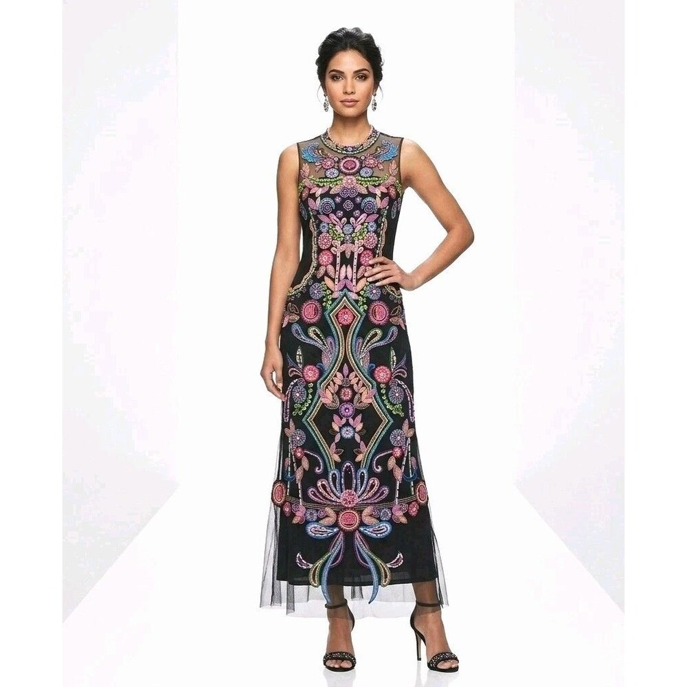 NWT Marchesa Notte Black/Multi Color Floral Beaded Embroidered 4 Evening Gown